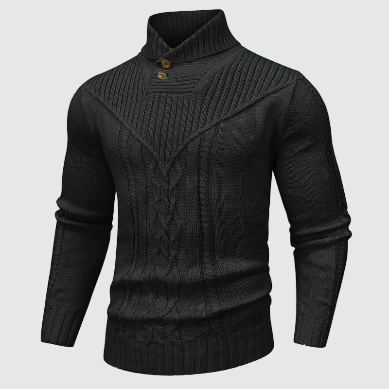 Comfortable men's long-sleeve cable knit jumper with a classic shawl collar design. A casual yet stylish knitwear option.