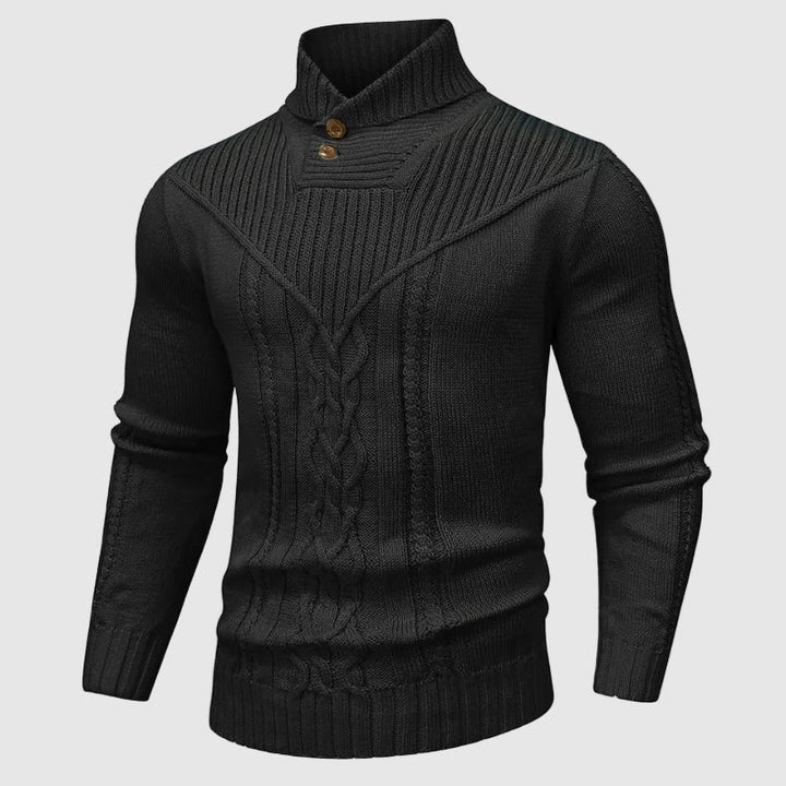 Comfortable men's long-sleeve cable knit jumper with a classic shawl collar design. A casual yet stylish knitwear option.