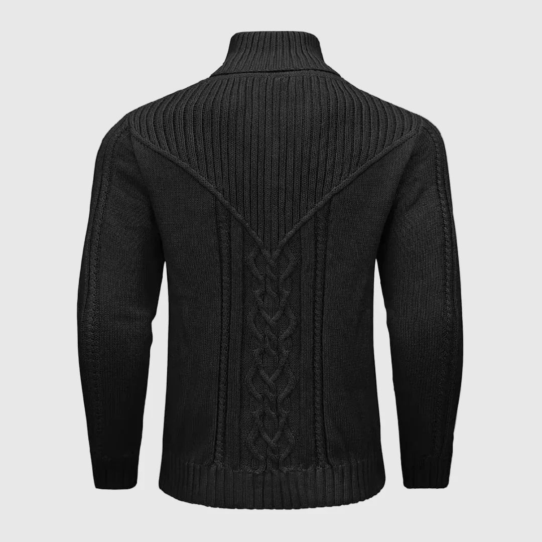 Men's tailored cable knit sweater, featuring a button-up shawl collar. Versatile long-sleeve knitwear for fall/winter.