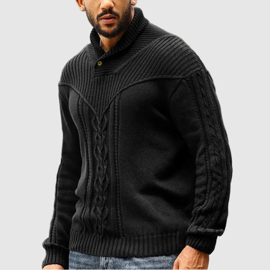 Cozy men's cable knit jumper with a soft shawl collar and button detail. A stylish long-sleeve knit for men's winter.