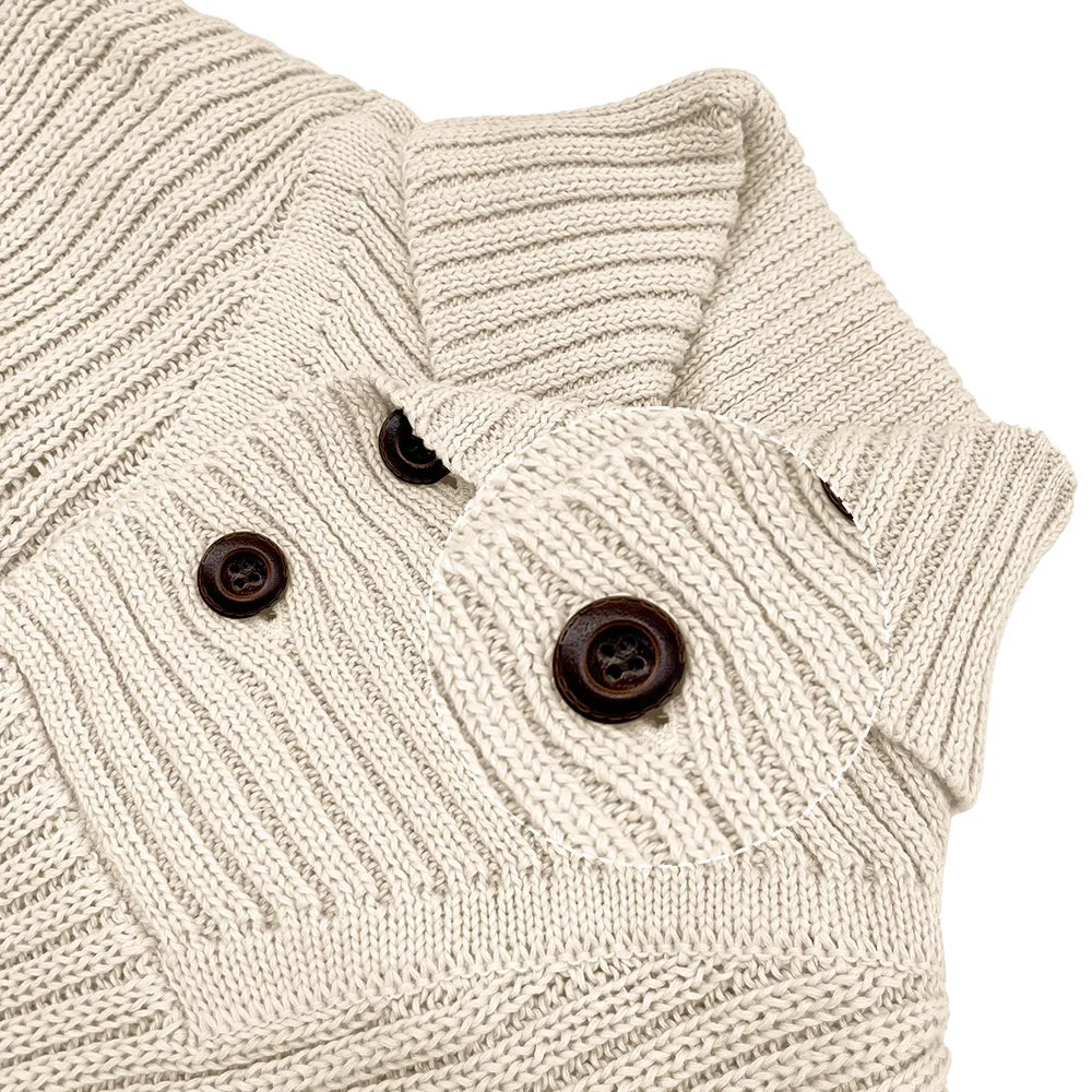 Men's button-up cable knit sweater. This long-sleeve jumper features a stylish shawl collar, ideal for fall/winter wear.
