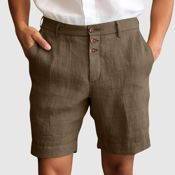 Men's tailored casual linen blend shorts with button fly, perfect for summer.