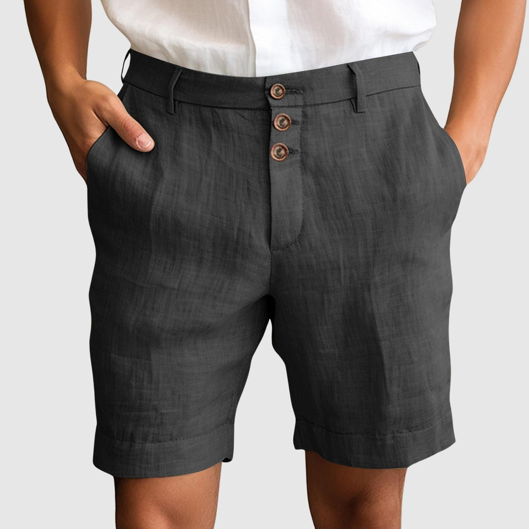Shop these button fly linen blend shorts for men, offering a relaxed yet polished summer look.