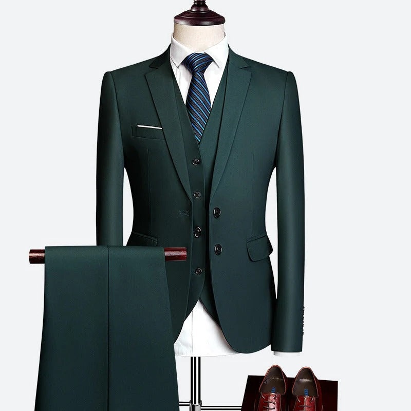 Groom in a tailored fit men's 3-piece spring wedding suit with a stylish waistcoat.
