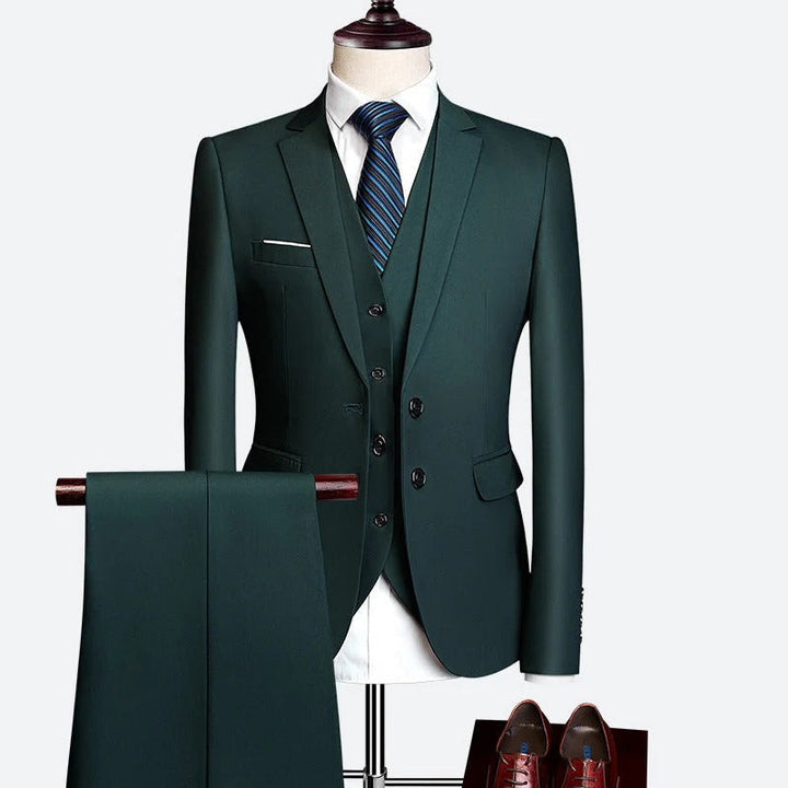 Groom in a tailored fit men's 3-piece spring wedding suit with a stylish waistcoat.
