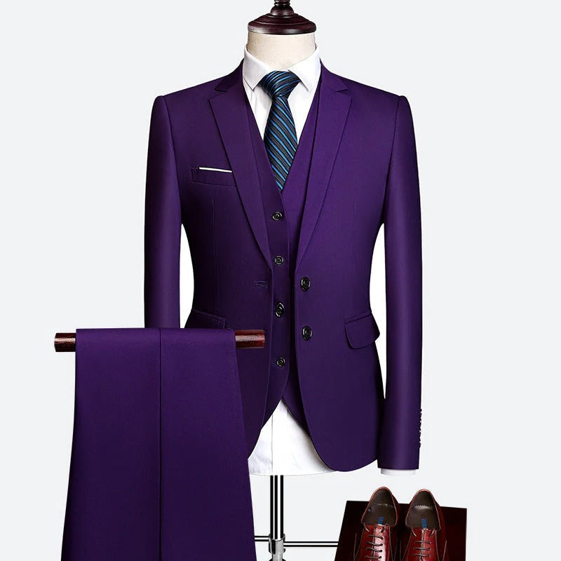 Versatile men's tailored 3-piece suit with waistcoat, suitable for spring weddings & business.