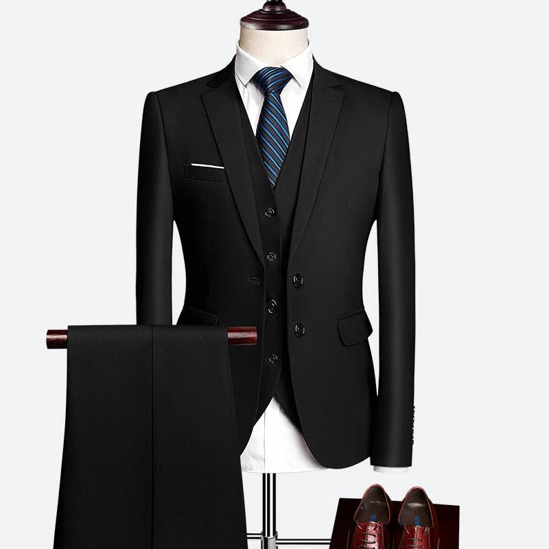 Professional men's tailored 3-piece business suit with waistcoat for sophisticated spring office wear.