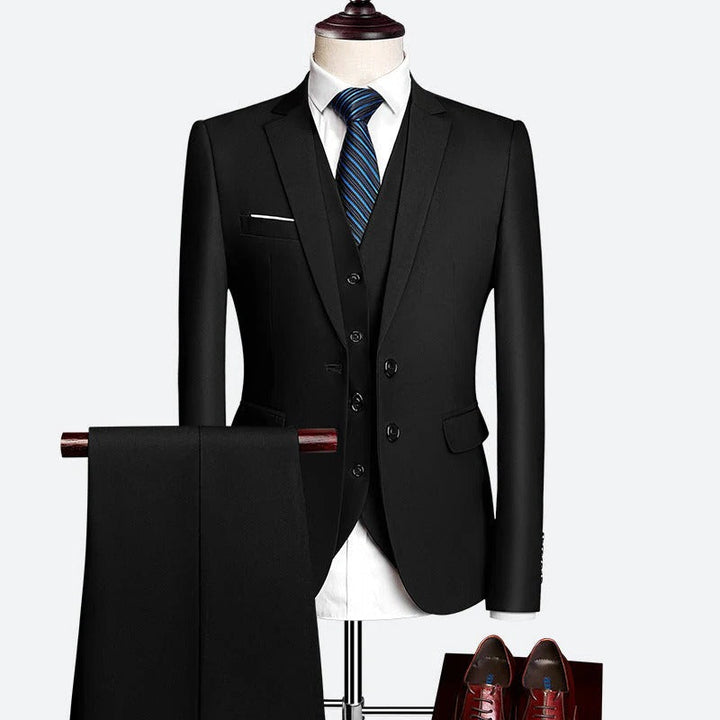Professional men's tailored 3-piece business suit with waistcoat for sophisticated spring office wear.