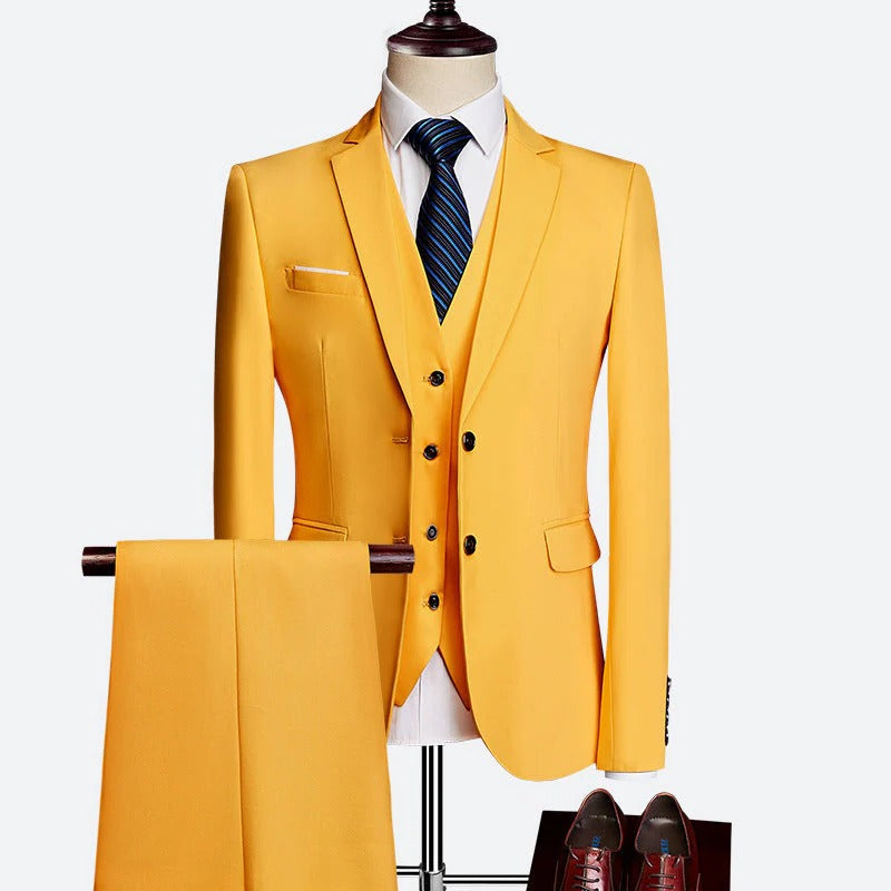 Sophisticated men's spring event attire: a tailored 3-piece suit with waistcoat for special occasions.