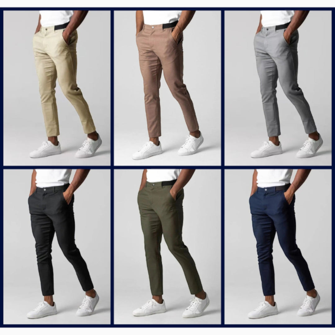Modern men's comfortable chinos, tailored fit for business casual and everyday versatility.