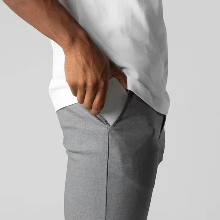Stylish men's tailored fit pants, ideal for a comfortable business casual office look.