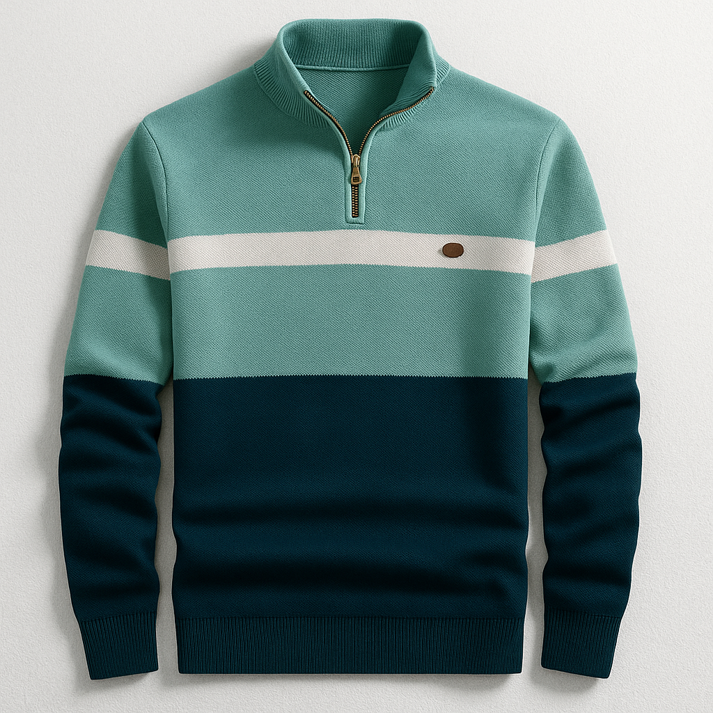 Close-up of breathable cotton fabric on a men's casual quarter-zip sweater.