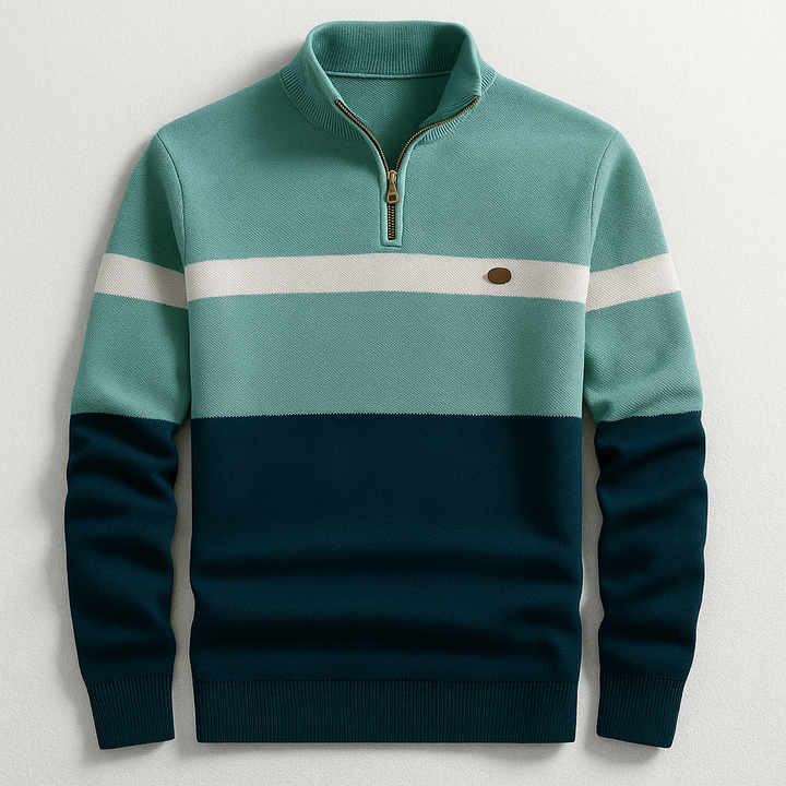 Close-up of breathable cotton fabric on a men's casual quarter-zip sweater.