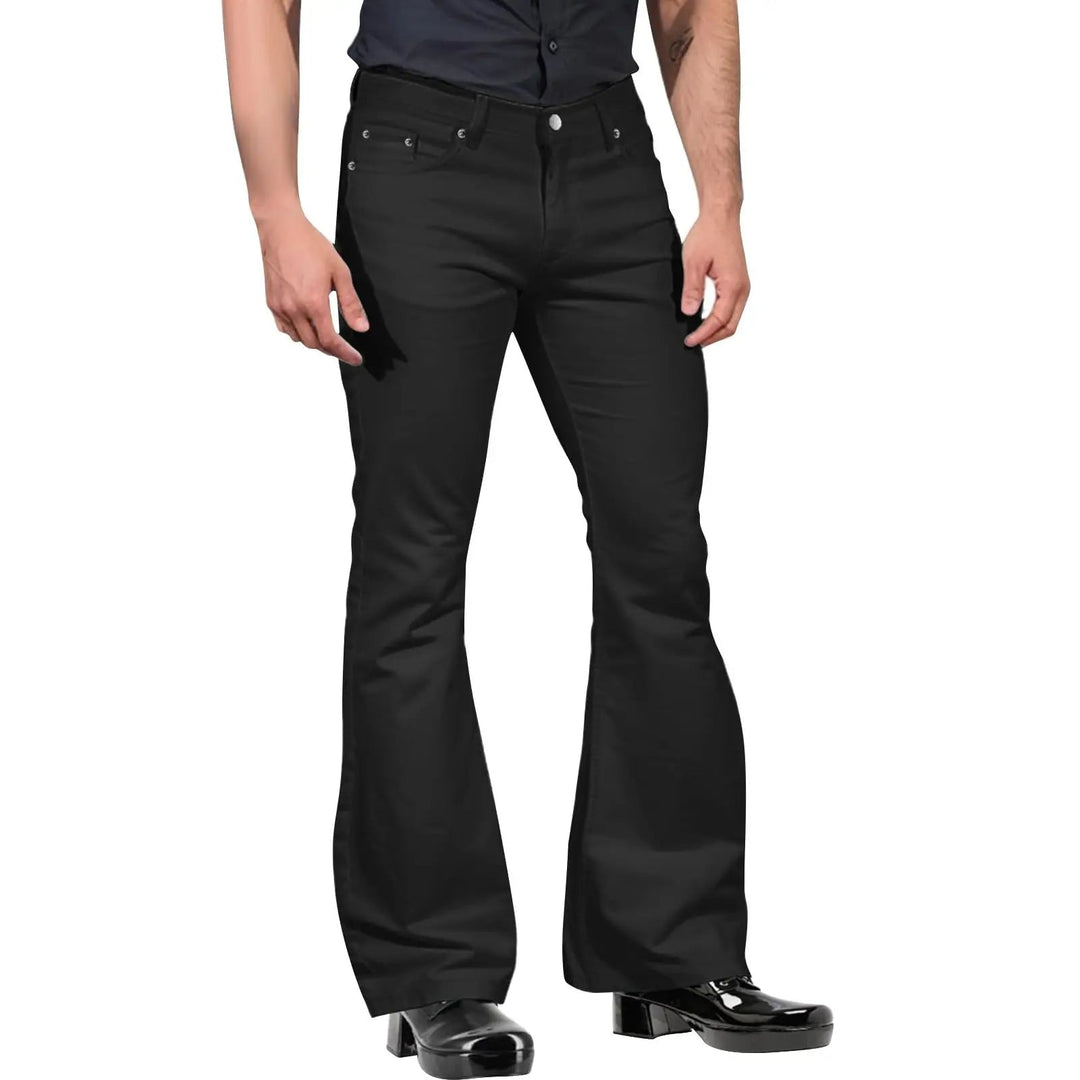 Black men's stretch fabric flared leg trousers, tailored fit for a sleek retro style.
