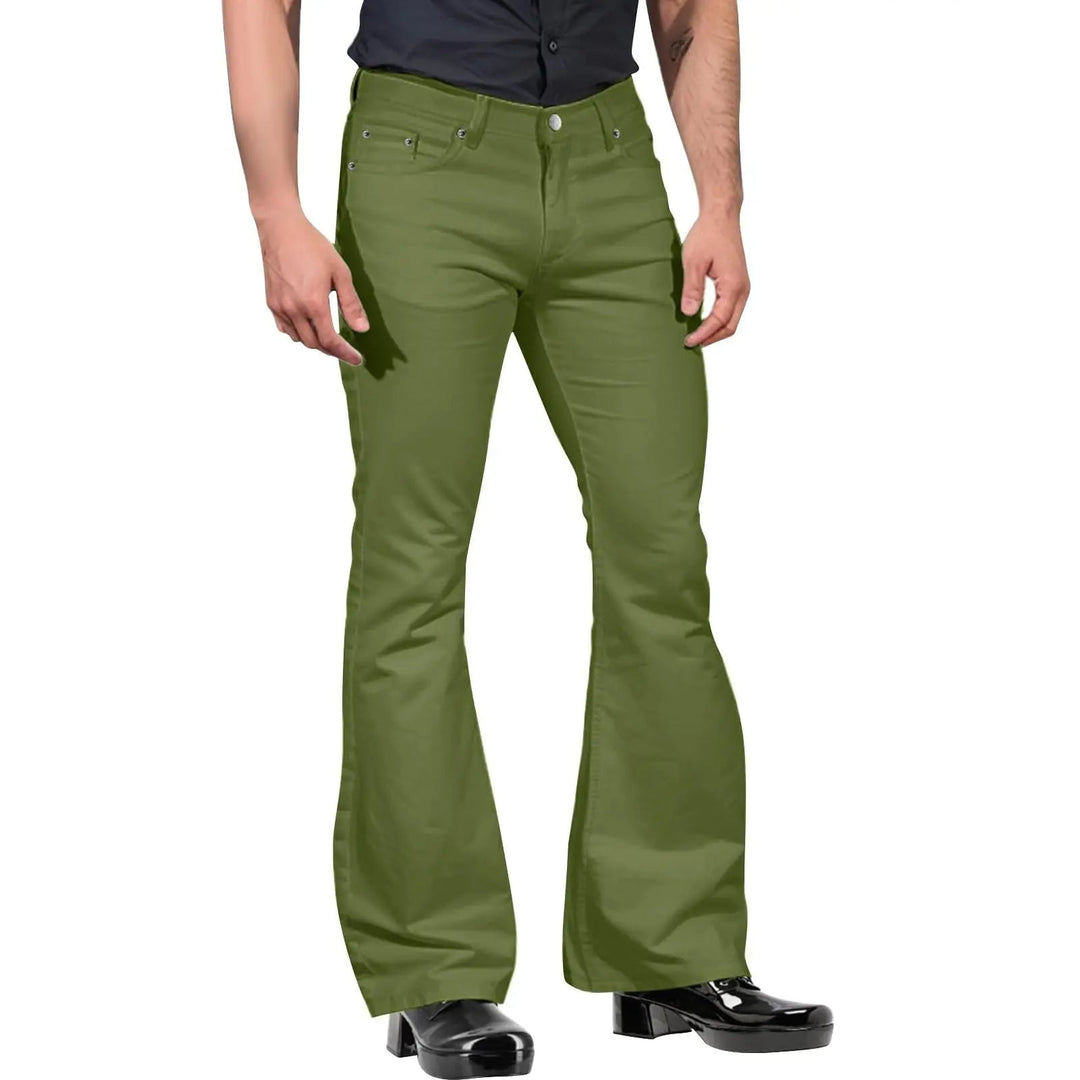 Olive green men's vintage flared leg pants, a tailored fit for sophisticated smart casual outfits.