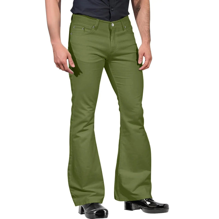 Olive green men's vintage flared leg pants, a tailored fit for sophisticated smart casual outfits.