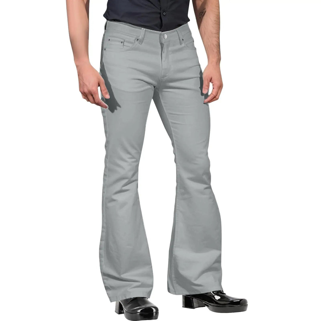 Red men's retro flared leg trousers, tailored for a sharp, vintage-inspired smart casual appearance.