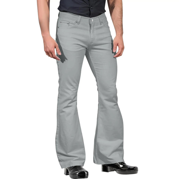 Red men's retro flared leg trousers, tailored for a sharp, vintage-inspired smart casual appearance.