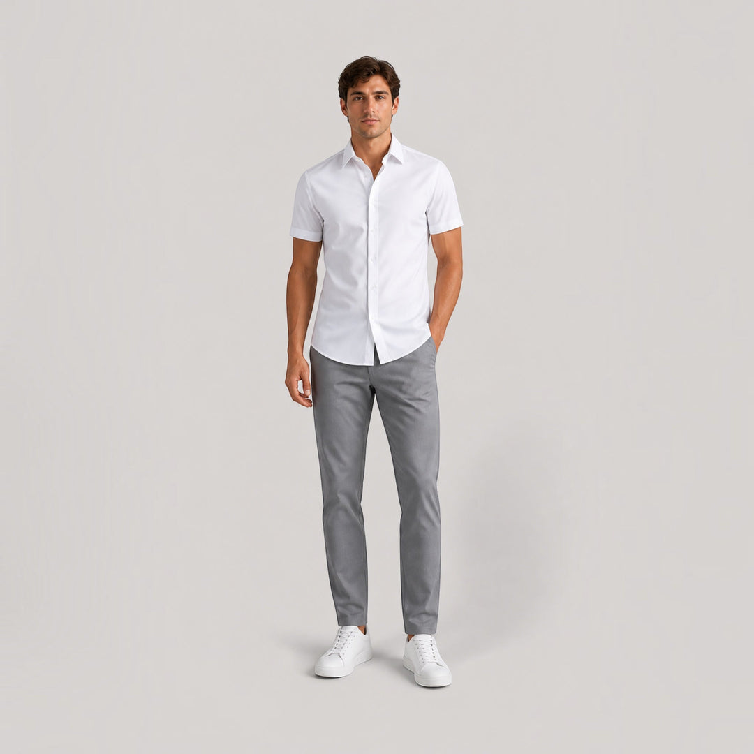 Men's tailored fit short sleeve smart casual shirt, versatile for everyday comfort & modern office wear.
