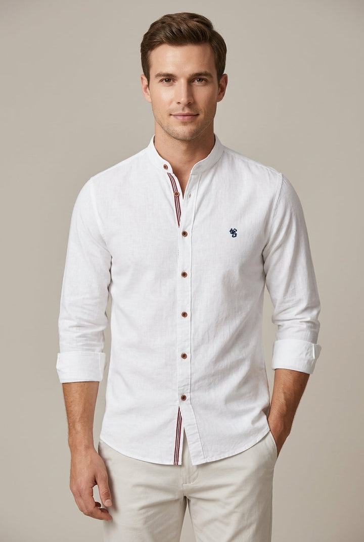Men's tailored fit stand collar short sleeve shirt for smart casual summer style.