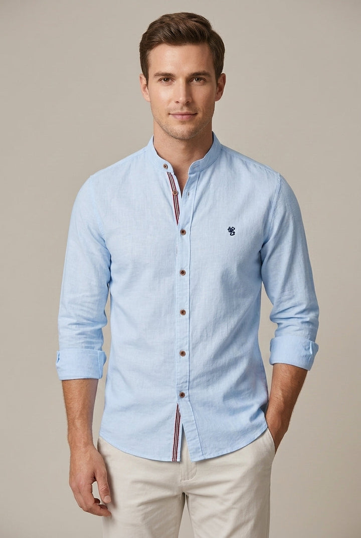 Tailored fit men's stand collar short sleeve shirt, great for summer casual and smart casual events.