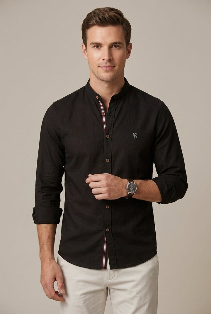 Modern stand collar short sleeve men's shirt, a key piece for fashionable and breathable summer attire.