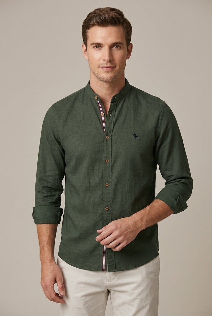 Fashionable men's tailored fit short sleeve shirt with a distinctive stand collar, modern style.