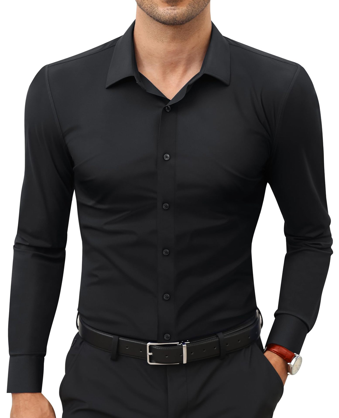 Men's tailored long sleeve dress shirt, modern fit, perfect for business casual & office wear.