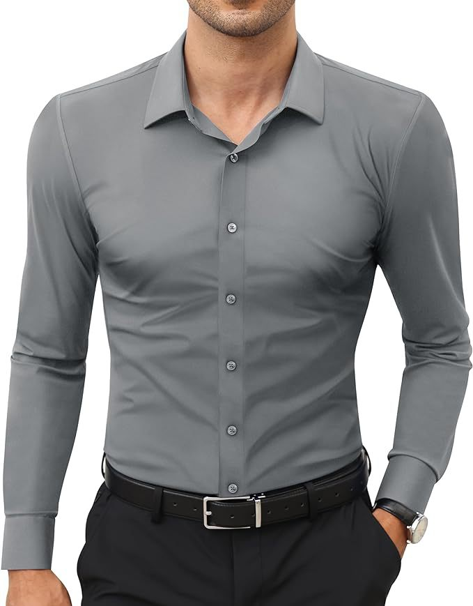 Versatile men's long sleeve button-down dress shirt, ideal for smart casual or formal occasions.