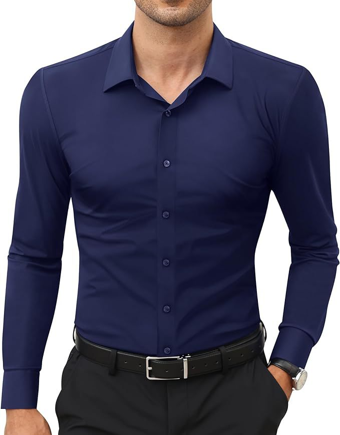Classic men's dress shirt with long sleeves & modern fit, great for a polished professional look.