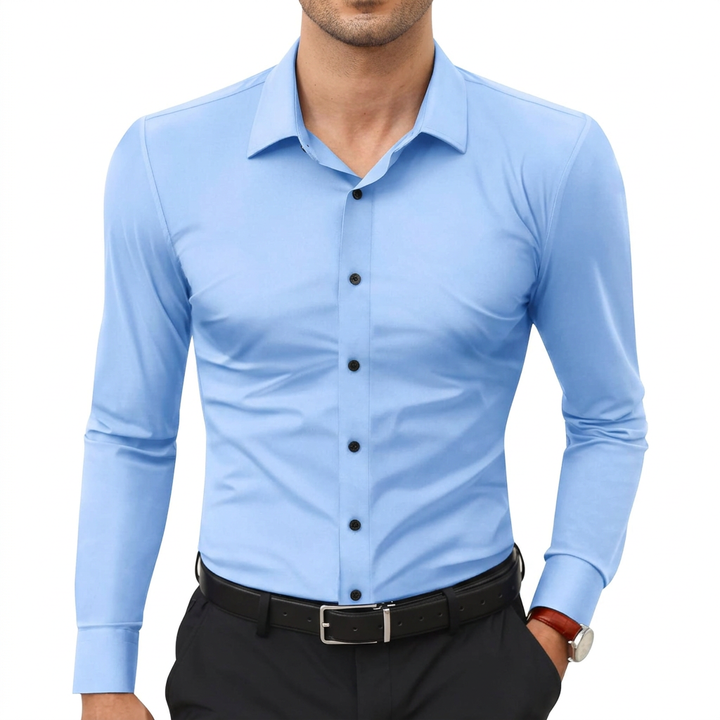 Premium men's long sleeve dress shirt, tailored fit, essential for a sharp, modern office style.