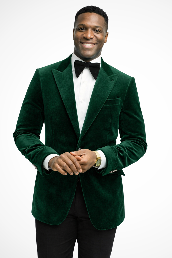 Men's tailored navy blue peak lapel blazer for wedding guest.