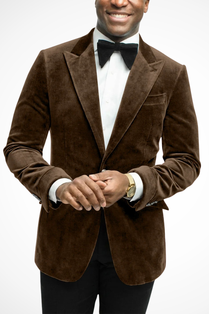 Classic brown tailored peak lapel blazer, sophisticated formal wear.