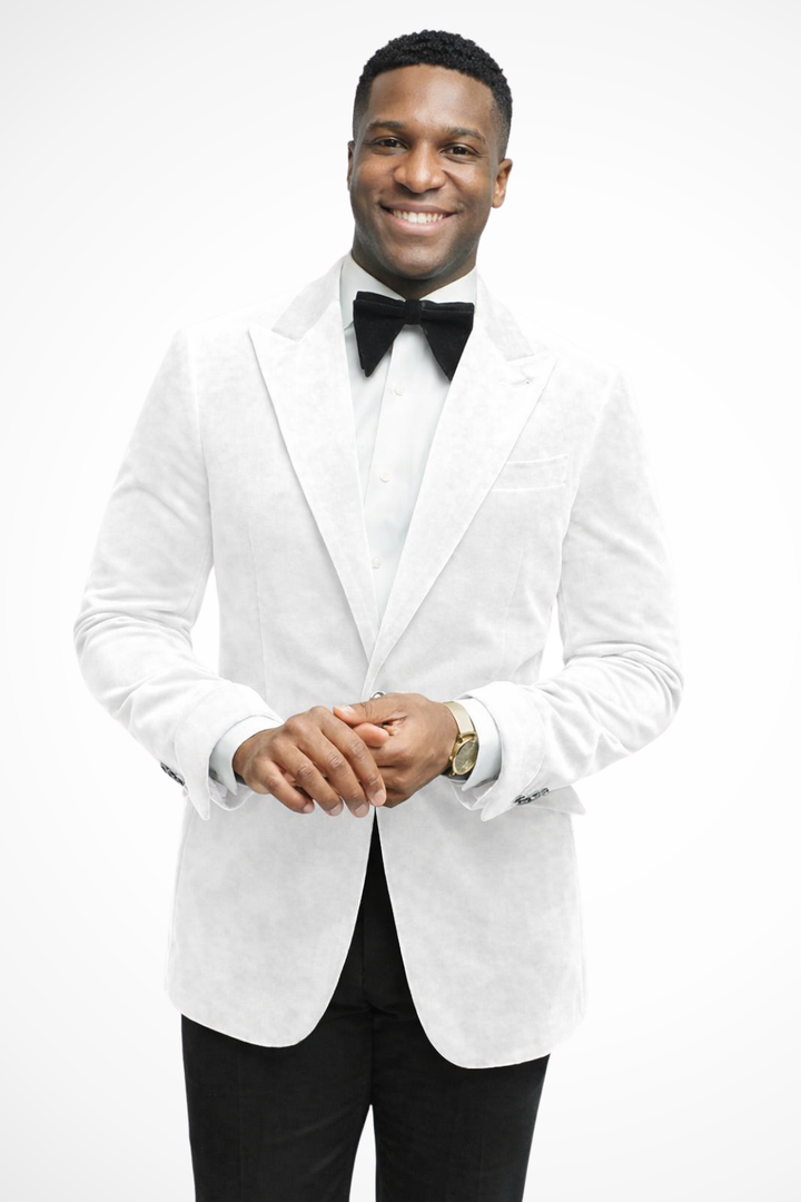 Navy blue tailored men's peak lapel blazer, ideal formal wear for wedding guests.