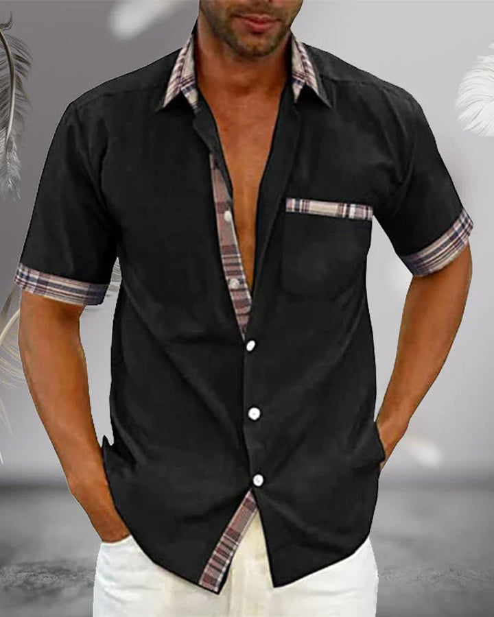 Slim fit men's button-up shirt with tailored short sleeves, versatile & comfortable.