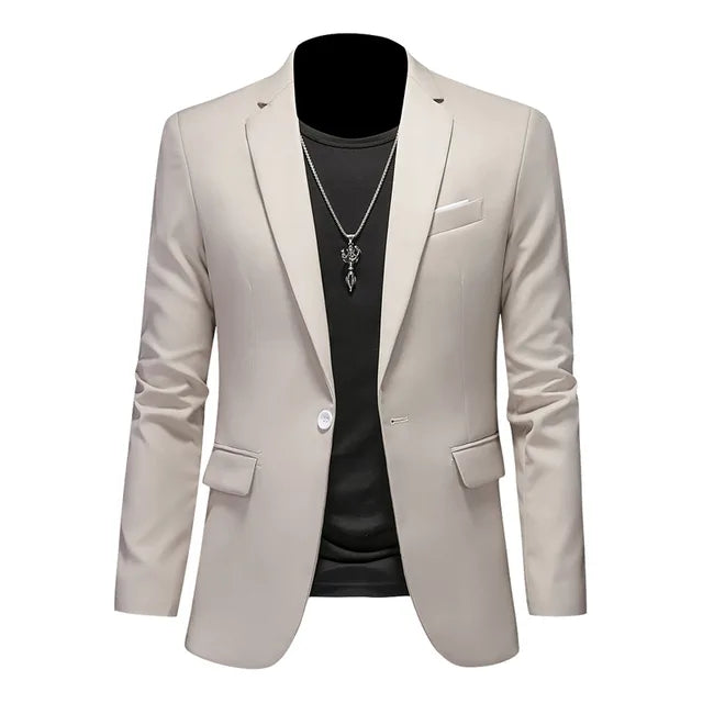 Detail shot of a men's tailored blazer: notched lapel, single-breasted front. Ideal for business & formal wear.