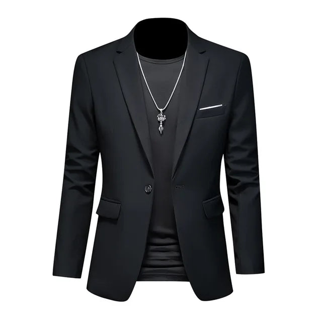 Classic men's tailored blazer, single-breasted design. Essential for a refined formal wear & smart casual look.