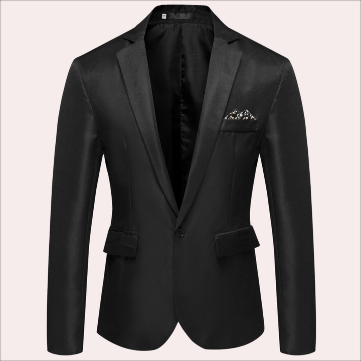 Men's tailored single-breasted suit blazer in navy blue, perfect for formal business wear.
