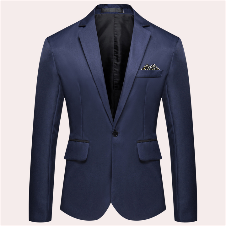 Close-up of the button detail on a men's smart casual tailored fit blazer.