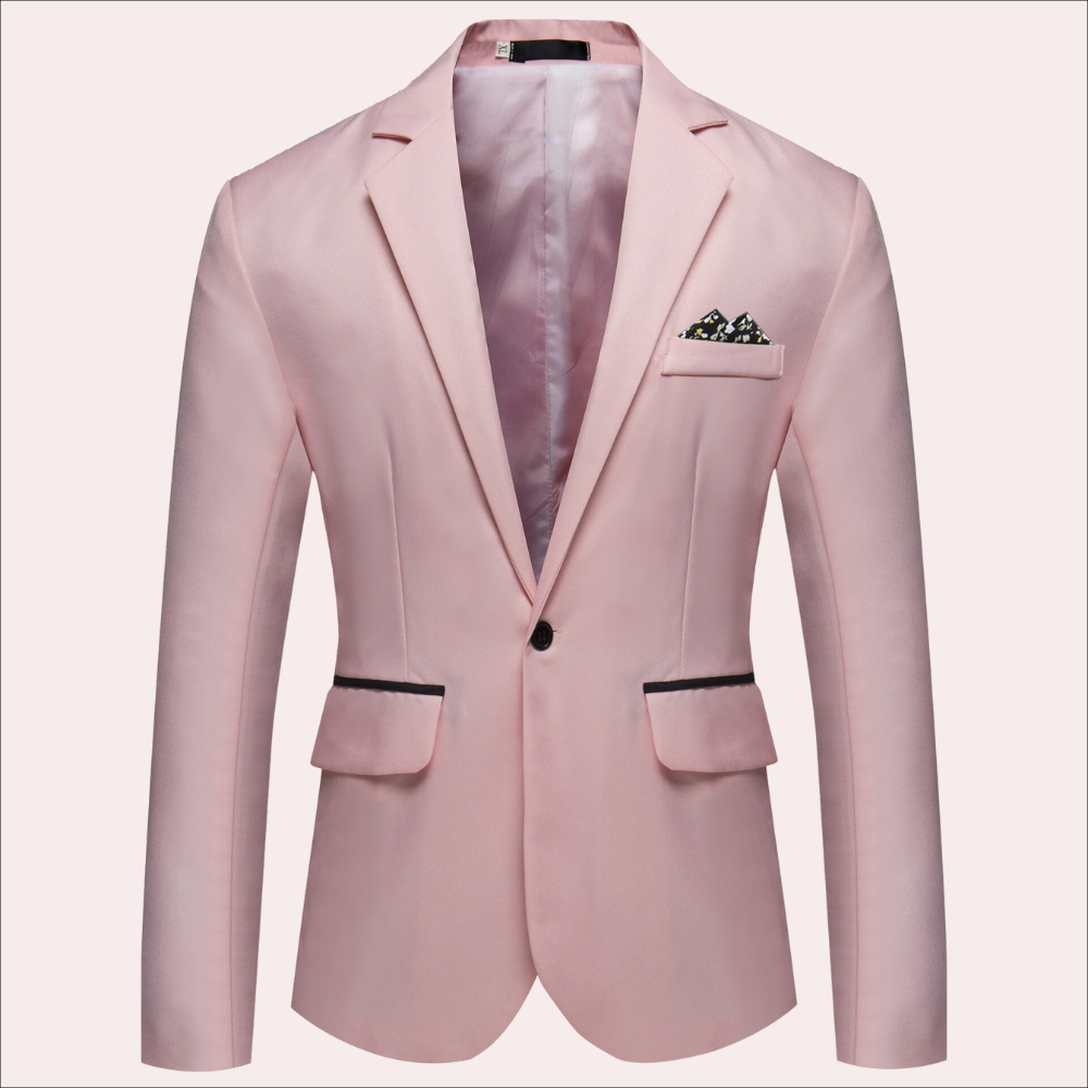 Man wearing a professional single-breasted suit jacket, showcasing its sharp, tailored silhouette.