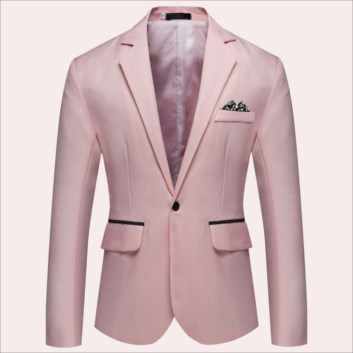 Man wearing a professional single-breasted suit jacket, showcasing its sharp, tailored silhouette.
