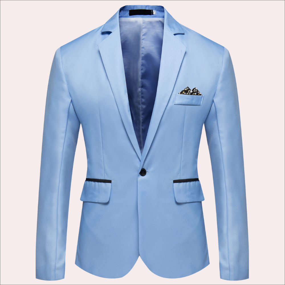Detailed shot of the fabric and stitching on a men's formal wear tailored blazer.