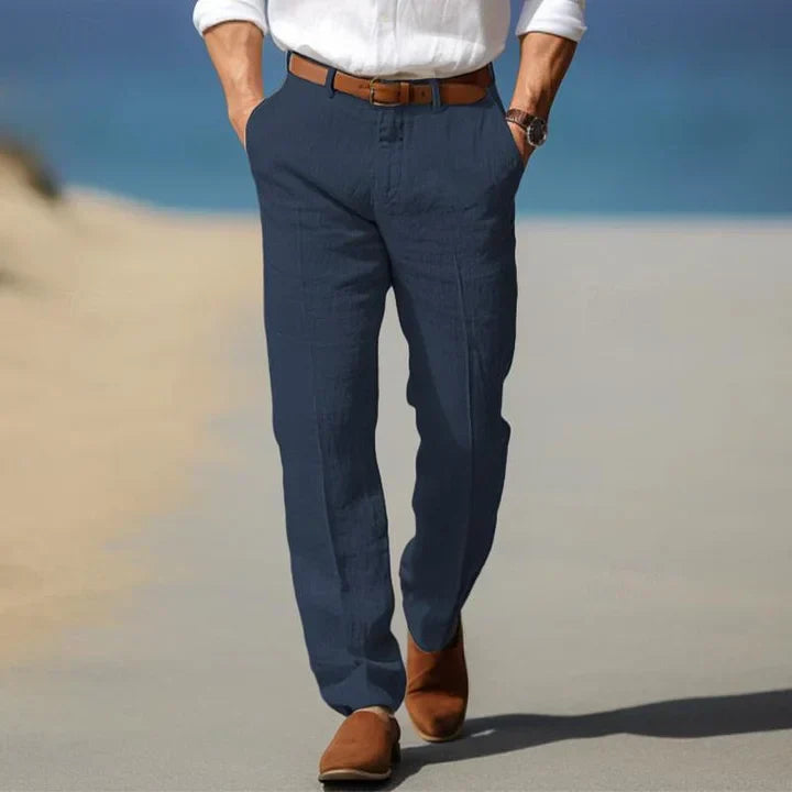 Close-up of men's modern slim fit casual trousers, showcasing tailored details and quality.