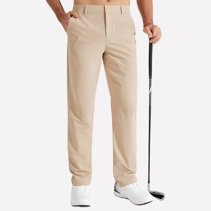 Sleek fit men's stretch performance trousers, ideal for golf or casual wear, offering comfort and style.