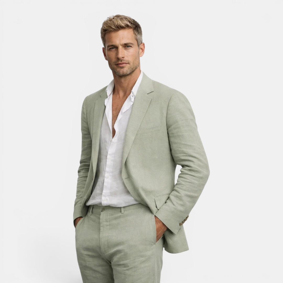 Front view of a men's modern tailored suit set, complete with a fitted blazer and classic pants for menswear.