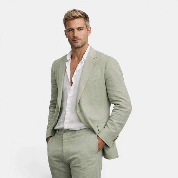 Front view of a men's modern tailored suit set, complete with a fitted blazer and classic pants for menswear.