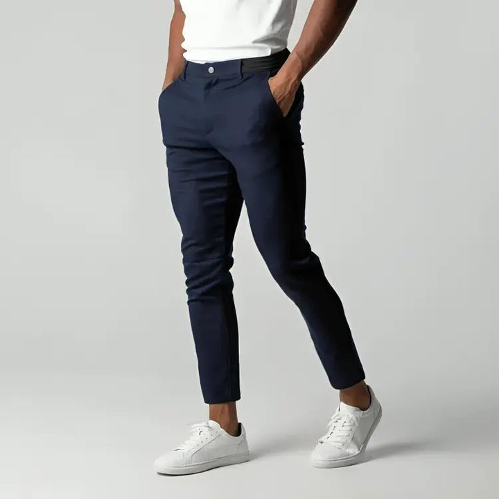 Versatile men's tapered chinos. Ankle length, comfortable everyday wear with side pockets.