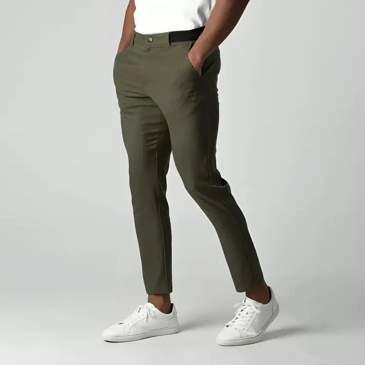 Stylish men's tapered ankle length chinos for a modern look. Features single button and side pockets.