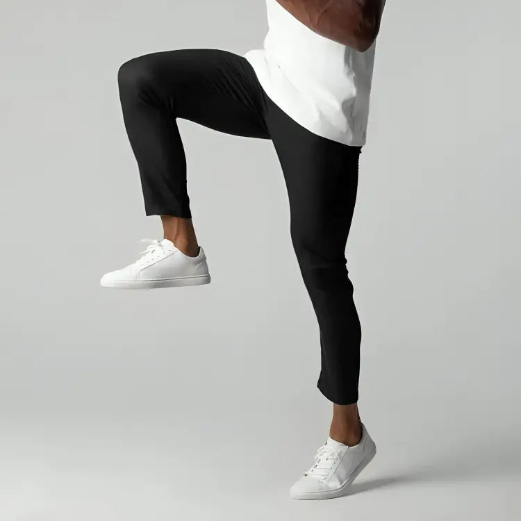 Comfortable men's fashion: tapered ankle length chinos with single button closure & side pockets.