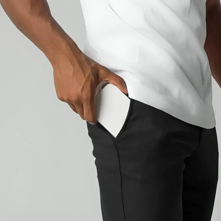 Everyday men's wear: tapered ankle length chinos. Stylish, comfortable, with side pockets.